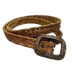 VTG Western Boho Prairie Braided Brown Wooden Buckle Belt Size Medium